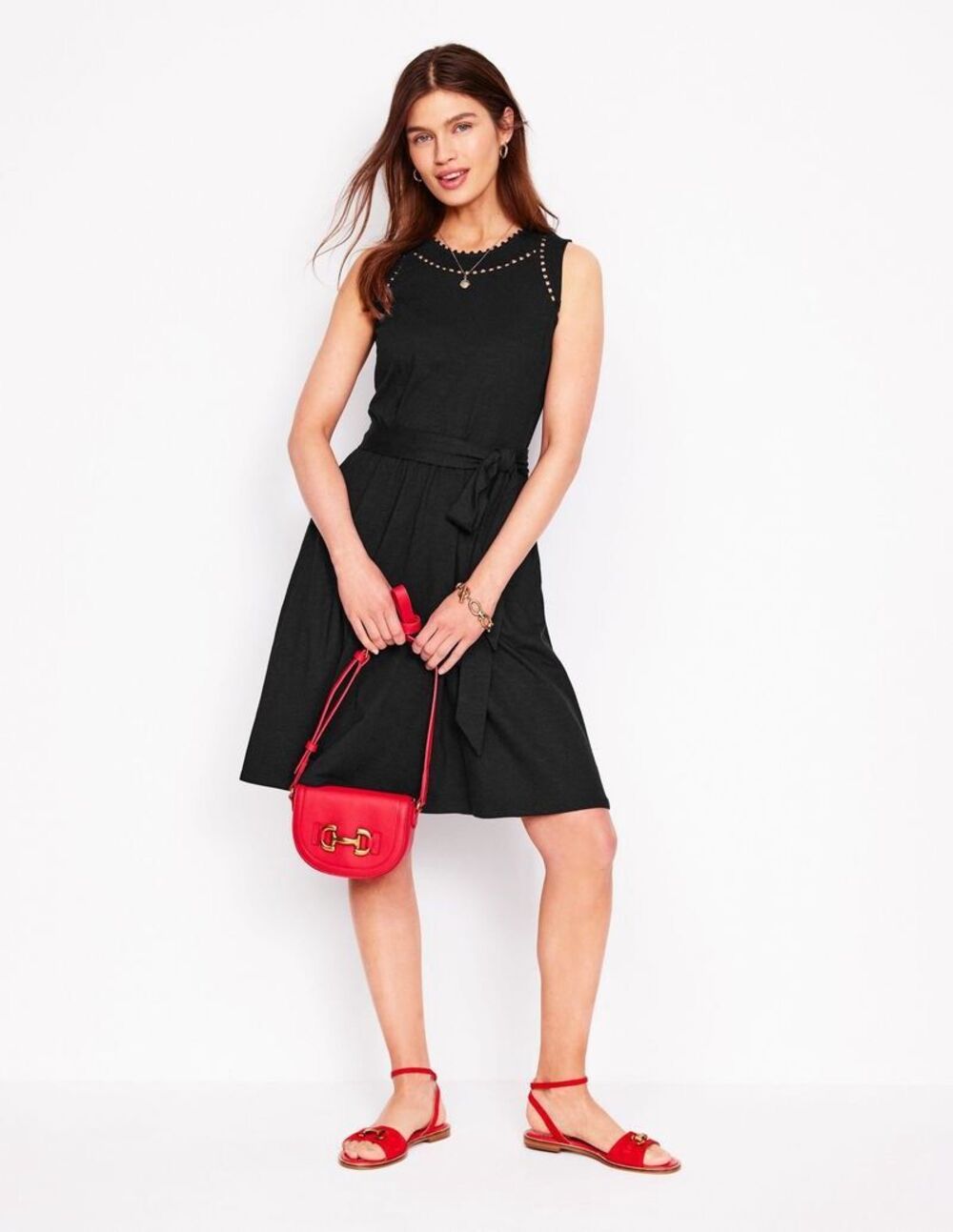 Boden Mila Trim Short Jersey Dress Black Pom Pom Belted US 10R